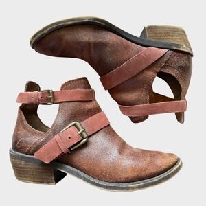 Lucky Brand Leather Cutout Ankle Boots‎ Brown Harness Buckle Boho Soft Grunge 10